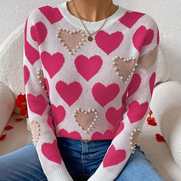 . Sweaters - Hot Pink Casual Womens Heart Embroidery Beaded Pullover Sweater